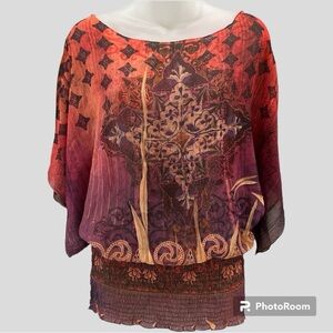 live and let live Sheer Batwing Sleeve Top Red & Purple design Size XL BOHO